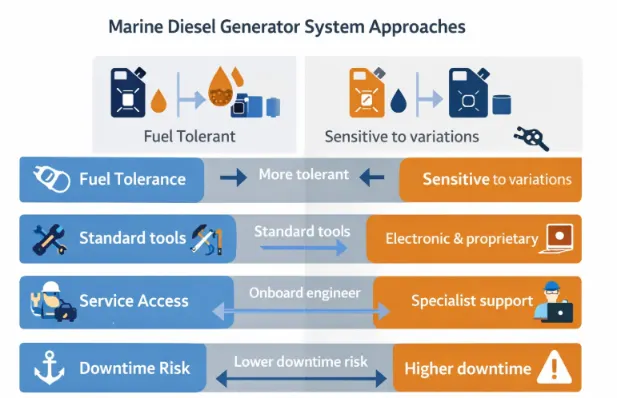 Comparison of fuel tolerance, maintenance complexity, and downtime risk in marine diesel generator systems