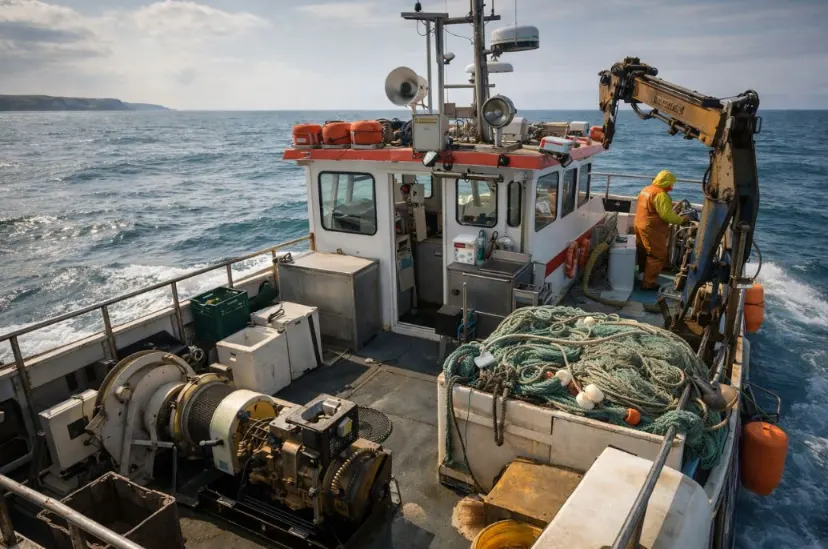 Small commercial fishing vessel in operation using onboard systems powered by a compact marine diesel generator