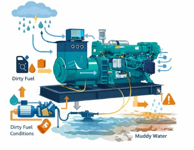System-level diagram showing how high humidity, dirty fuel, and cooling design affect marine diesel generator reliability on river vessels