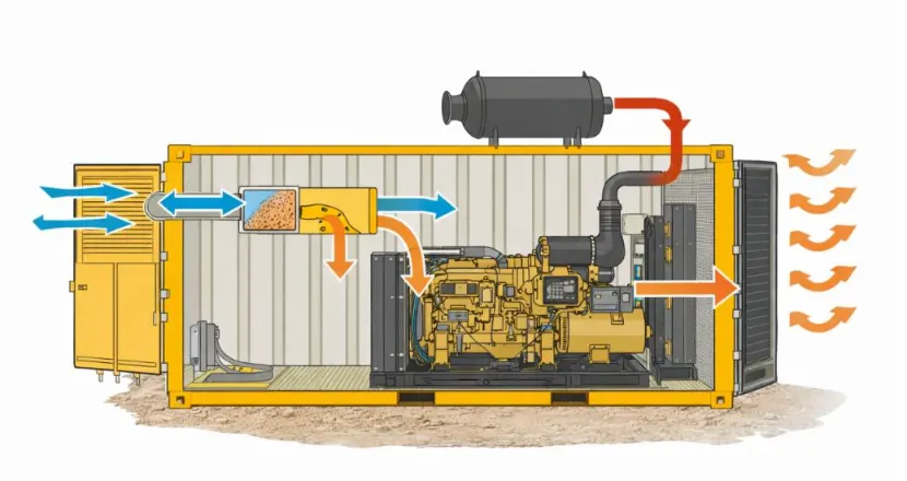 engineering diagram showing airflow, filtration, and cooling design in containerized generators for mining environments