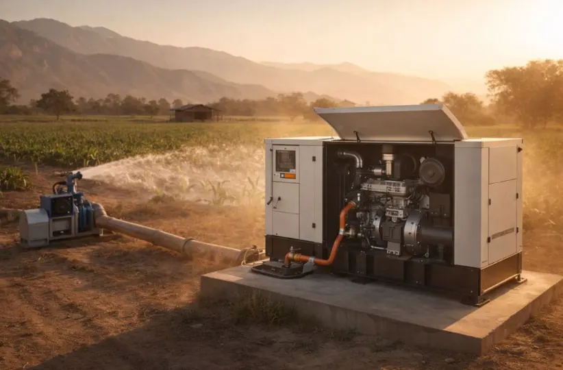 A gas generator powering irrigation and grain milling equipment on a farm in South America