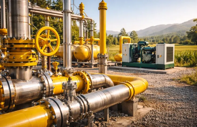 A gas generator powering irrigation and grain milling equipment on a farm, with workers managing crops and processing grain