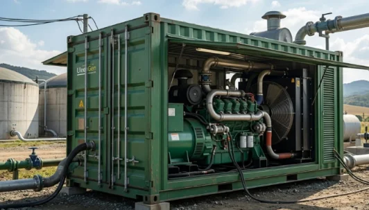 Biogas generator in a green container installed outdoors.