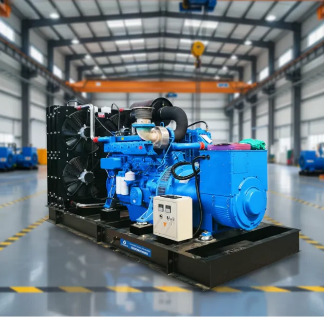 Blue industrial diesel generator set in a factory.