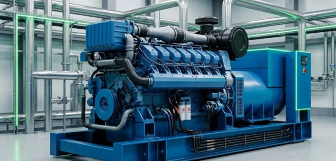 Blue industrial engine with pipes and control unit in the background.
