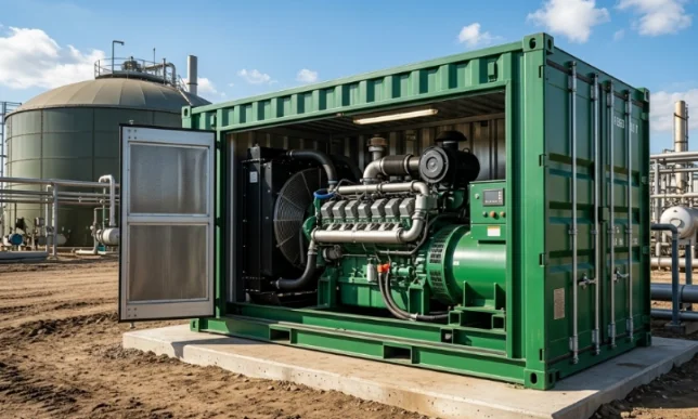 Containerized heavy-duty natural gas generator at an industrial site.