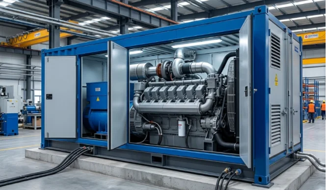 Industrial gas generator in a blue container inside a factory.