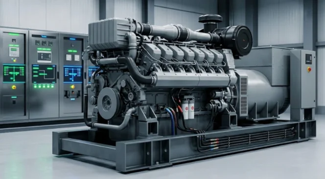 Large industrial engine with control panels in the background.