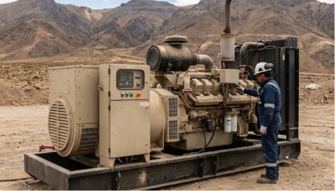 Maintenance of heavy-duty industrial generator at mining site.