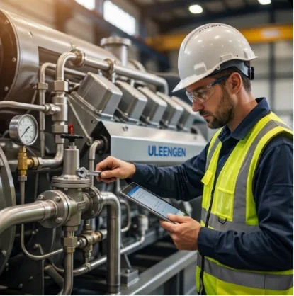 Engineer inspecting gas generator fuel system using tablet.