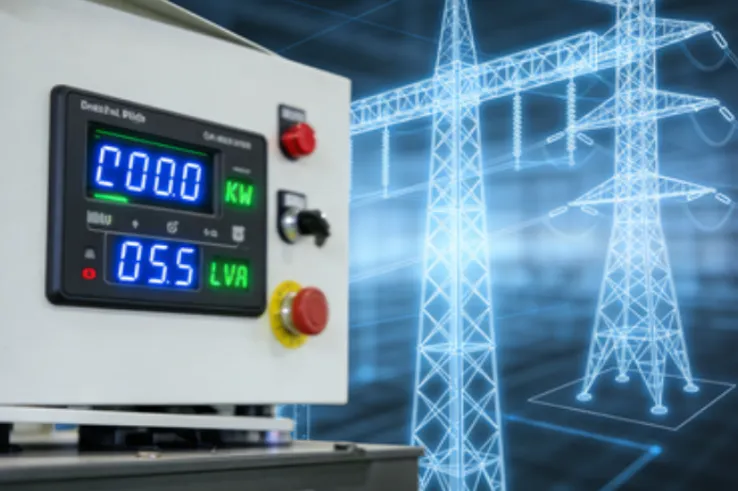 Industrial power meter showing KW and LVA against a glowing power grid background.