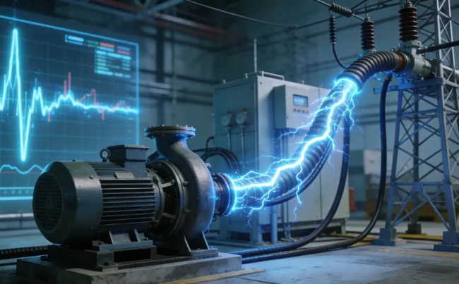 Industrial pump with a glowing electrical surge and data chart.