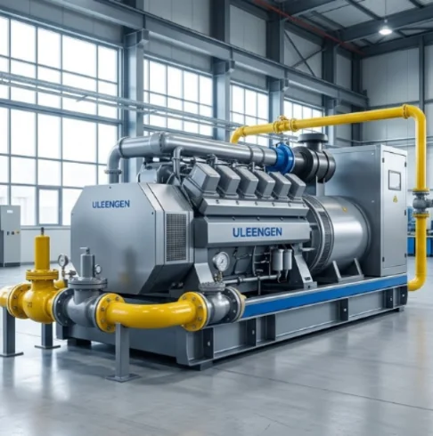 Large industrial ULEENGEN gas generator installed in clean factory hall.