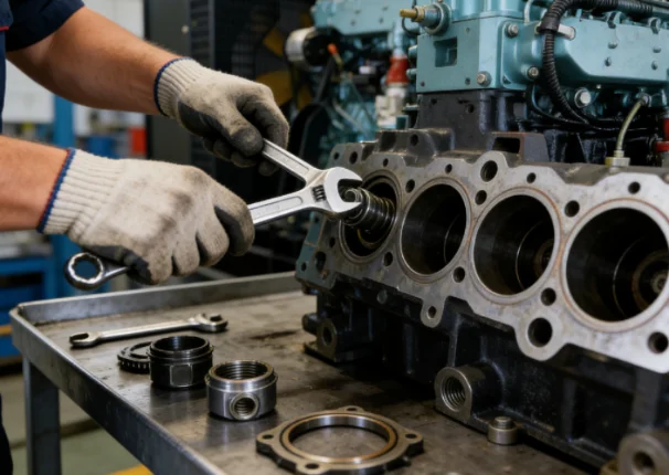 Mechanic repairing an industrial engine block