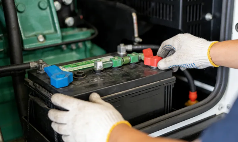 Technician connecting a battery to a generator