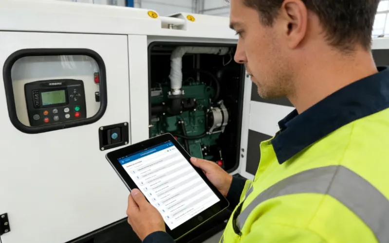 Technician using a tablet to inspect a generator.