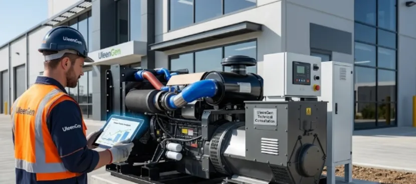 UleenGen technician examining an industrial generator with a tablet.