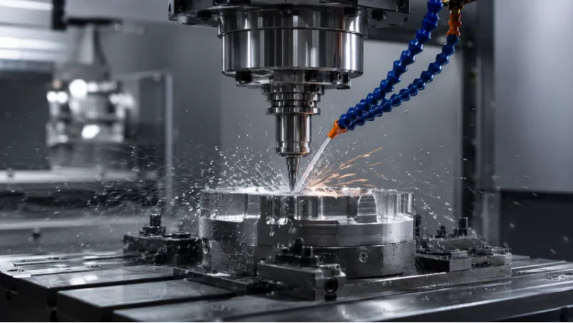 Close-up of a CNC machine milling metal with coolant spray