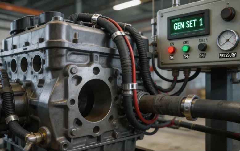 Close-up of an industrial generator engine block and control panel