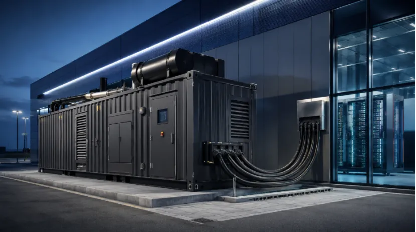 Containerized diesel generator powering a modern data center