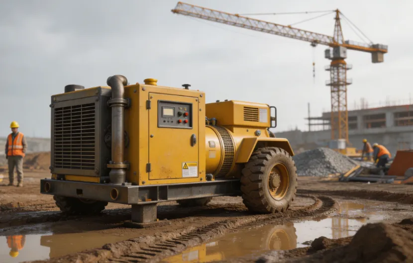 Heavy-duty yellow diesel generator on a muddy construction site