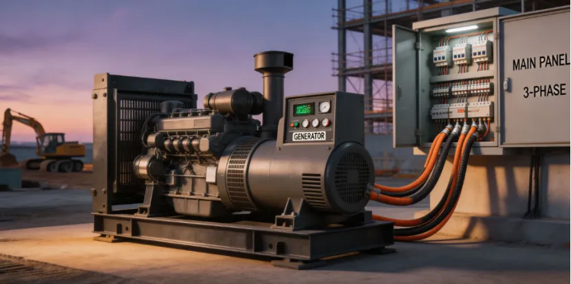 Industrial 3-phase generator connected to a main electrical panel