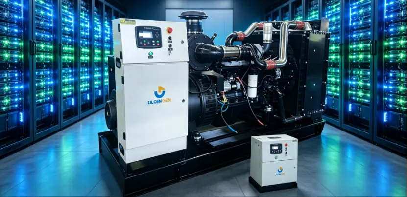 Large and small ULGEN power units in a modern data center with glowing server racks