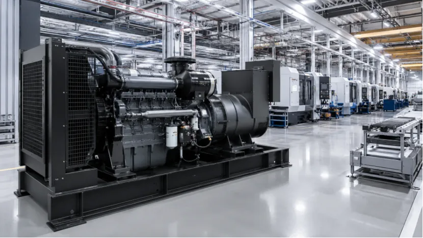 Large industrial diesel generator on a modern factory floor