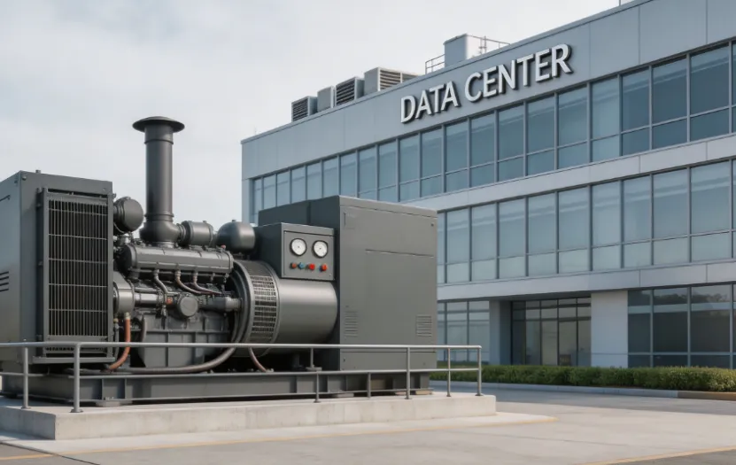 Large standby generator installed outside a modern data center