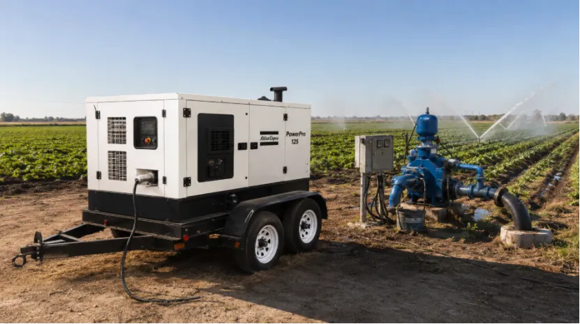 Mobile trailer diesel generator powering a farm irrigation pump.
