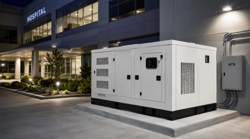 Silent standby diesel generator and ATS outside a hospital