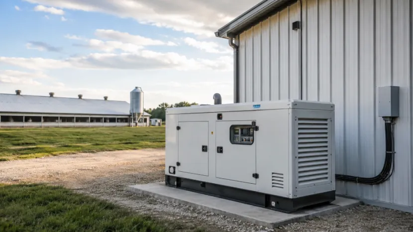 Silent standby diesel generator installed next to a livestock barn