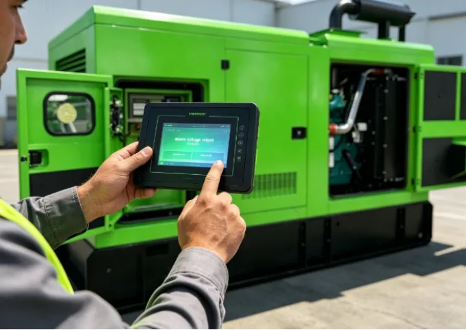 Technician inspecting a green diesel generator using a digital control tablet