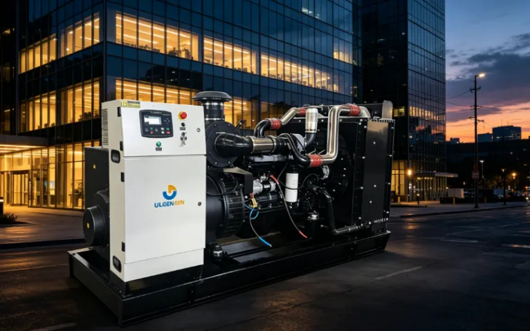 ULEEN large generator set on a city street at night, with an office building background