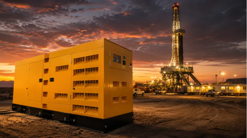 Containerized yellow generator set at an oil drilling rig at dusk