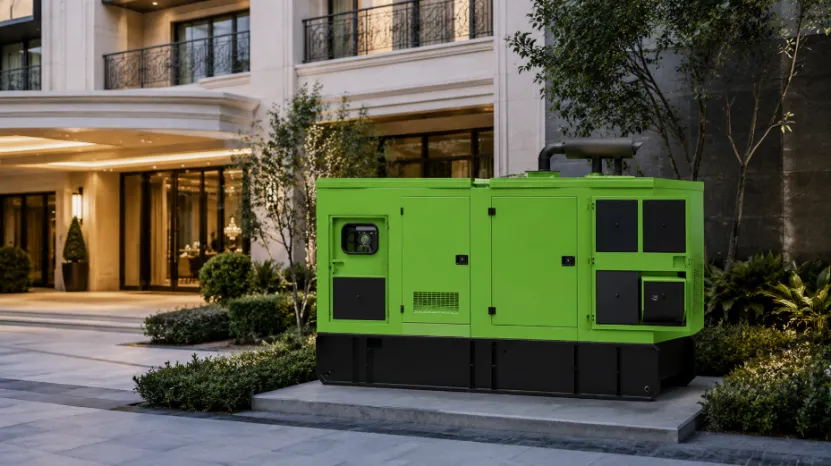 Large green industrial power generator outside a building