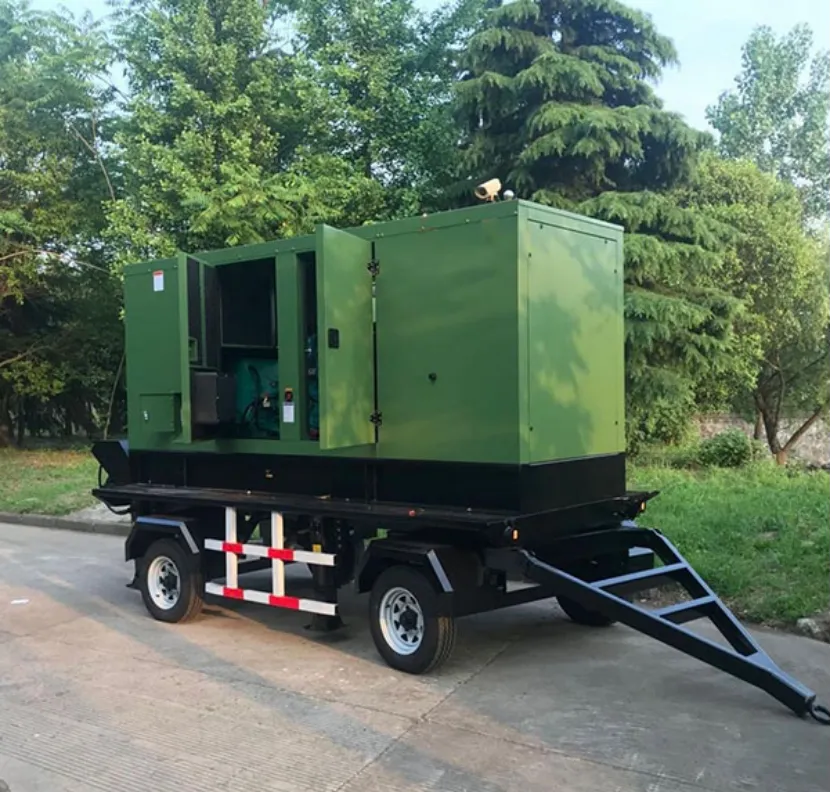 Mobile power generator unit mounted on a heavy-duty trailer outdoors