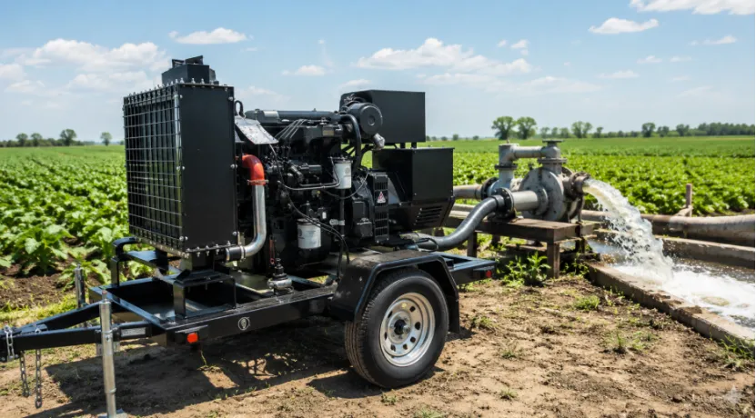 Mobile water pump generator irrigating a field