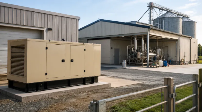 Silent backup generator installed at a farm processing facility