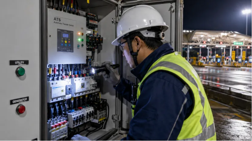 Technician in safety gear using a flashlight to inspect an open electrical control panel at night