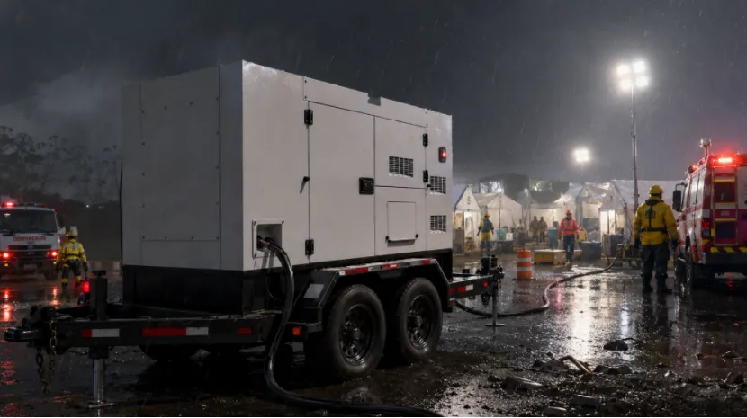 Trailer-mounted mobile generator at a rainy, nighttime emergency response site