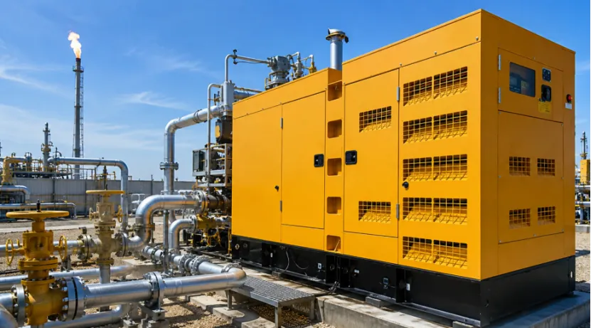 Yellow natural gas generator connected to pipelines at an oilfield facility