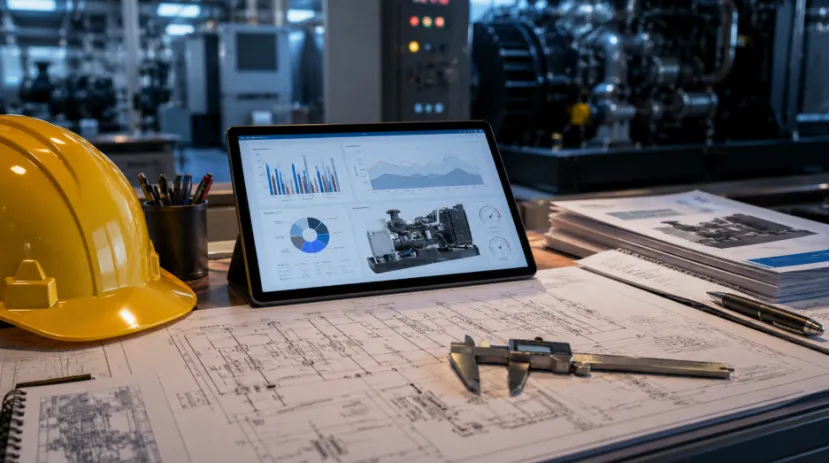Engineer's desk with blueprints, a yellow hard hat, and a tablet displaying data