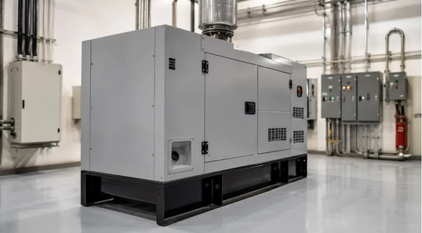 Grey silent industrial diesel generator installed inside a clean power room