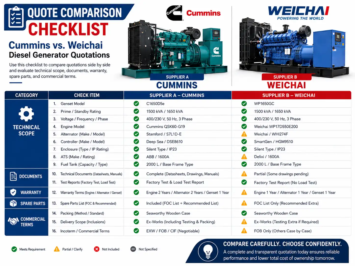B2B diesel generator quote comparison checklist comparing Cummins and Weichai specifications, documents, warranty, spare parts, and commercial terms