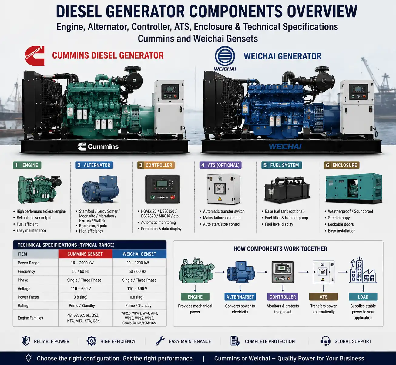 Diesel generator components overview showing engine, alternator, controller, ATS, enclosure, and technical specifications for Cummins and Weichai gensets