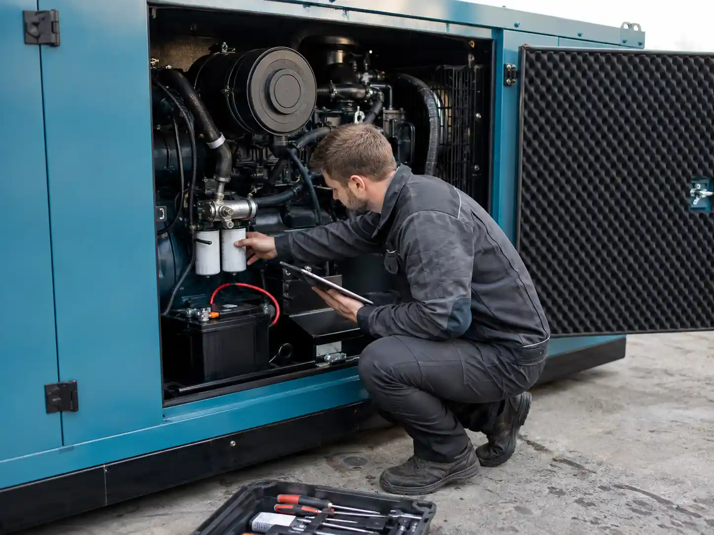 Mechanic servicing filters inside a silent diesel generator enclosure