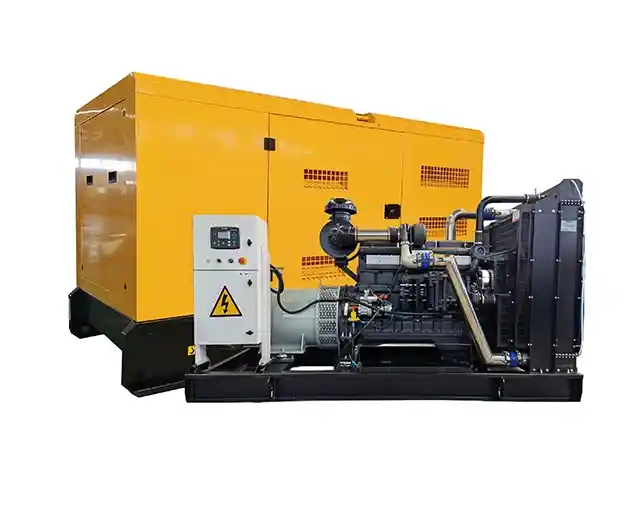 Silent diesel generator set with enclosed canopy, engine, alternator, and control panel for commercial and industrial backup power applications