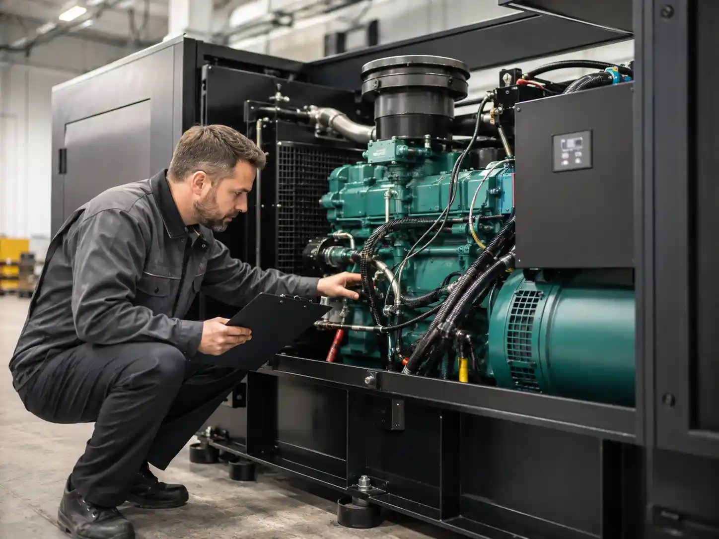 Technician inspecting a diesel generator