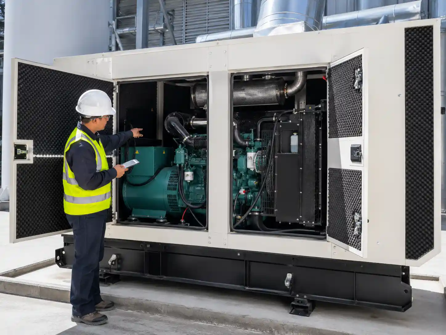 Technician inspecting the internal components of a silent diesel generator